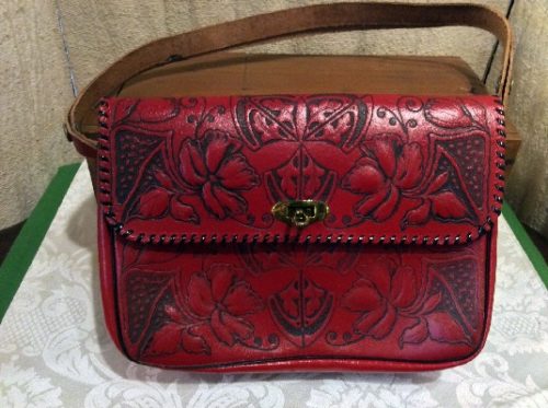 Hand Tooled Red Leather Purse - Vintage Southwestern Inspired - Genuine Split Cowhide