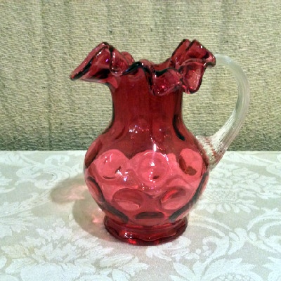 Fenton for L. G. Wright Cranberry Glass Coin Dot - Vintage 5.5 Inch Pitcher
