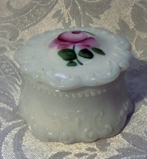 ROSE - Victorian Milk Glass Powder Jar - Cream Jar - Salve Jar - Trinket Holder - Hand Painted