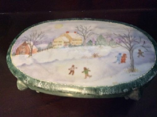Dresser Jewelry Box w/ Hand Painted Winter Skating Scene - Artist Signed - "In The Style of Grandma Moses"
